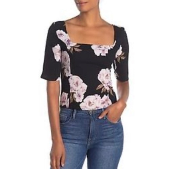 Free Press Black Floral Square Neck Elbow Half Sleeve Top Blouse Smocked XS New - Picture 1 of 6